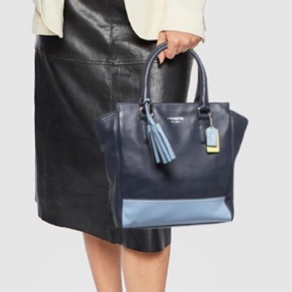 Authentic COACH Two Tone Blue Colorblock Leather Tanner Legacy Tote & Coin Pouch - Picture 2 of 13